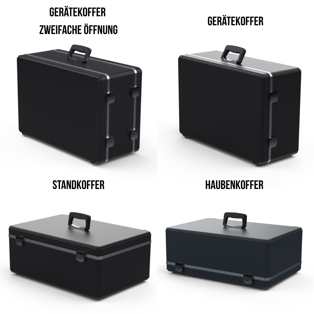 Unsere hochwertigen Koffer sind in vier verschiedenen Ausführungen erhältlich und bieten maximale Flexibilität für jede Anwendung. Ganz gleich, ob für den professionellen Einsatz, als Präsentationskoffer oder für den sicheren Transport empfindlicher Inhalte – bei uns finden Sie die passende Lösung.